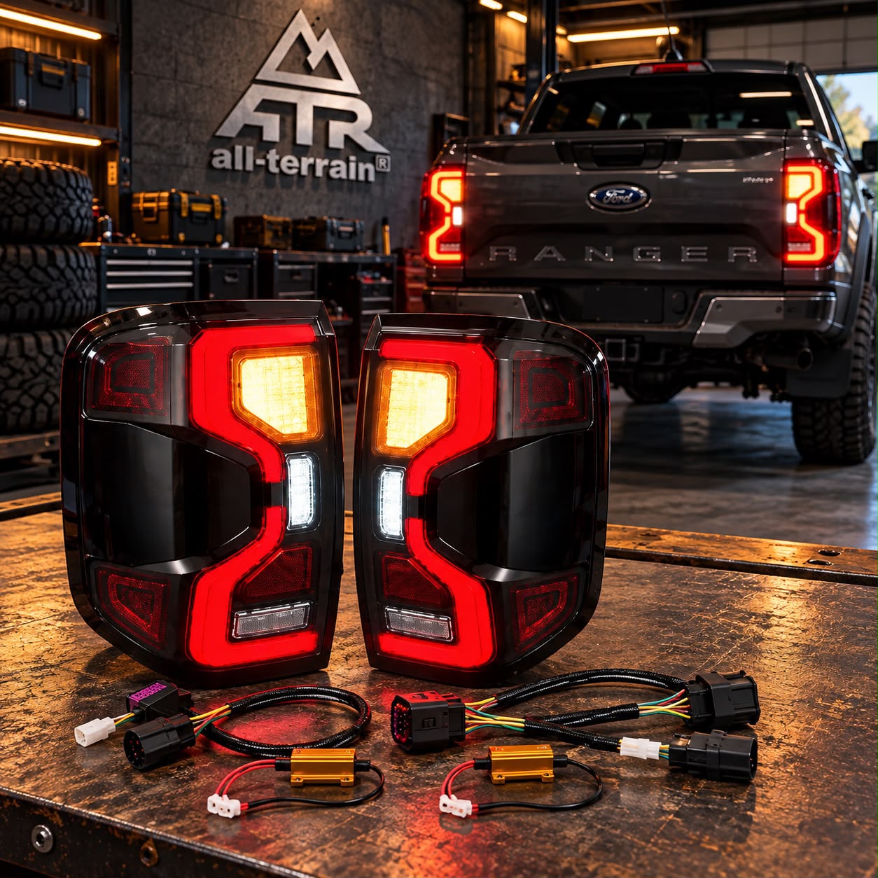 Lanternas traseiras na bancada da All-Terrain, com uma Ford Ranger ao fundo